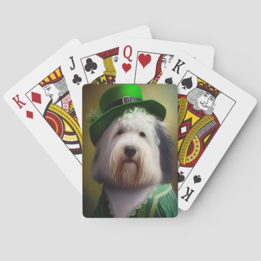 Oude Engelse Sheepdog in St. Patrick's Day Dress Pokerkaarten (Achterkant)