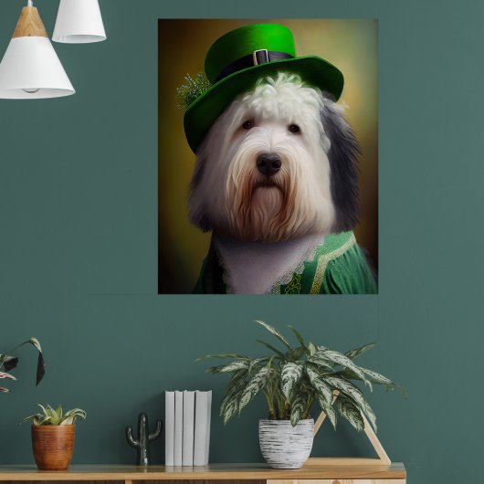 Oude Engelse Sheepdog in St. Patrick's Day Dress Poster (Woonkamer 1)