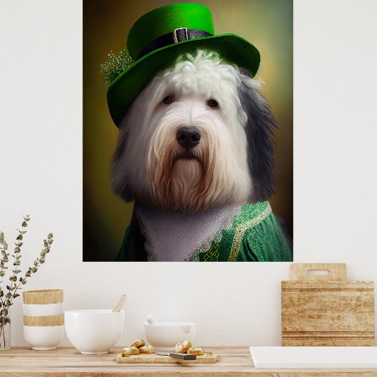 Oude Engelse Sheepdog in St. Patrick's Day Dress Poster (Keuken)
