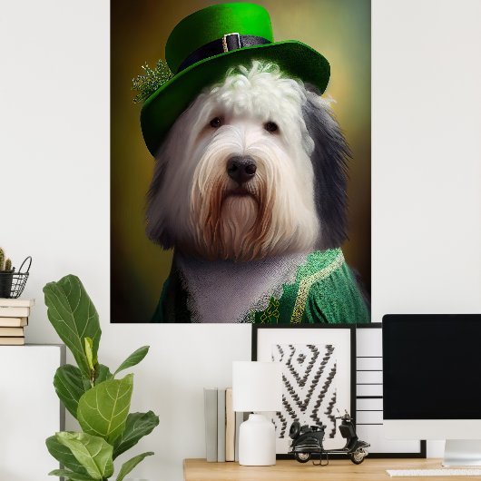 Oude Engelse Sheepdog in St. Patrick's Day Dress Poster (Thuiskantoor)