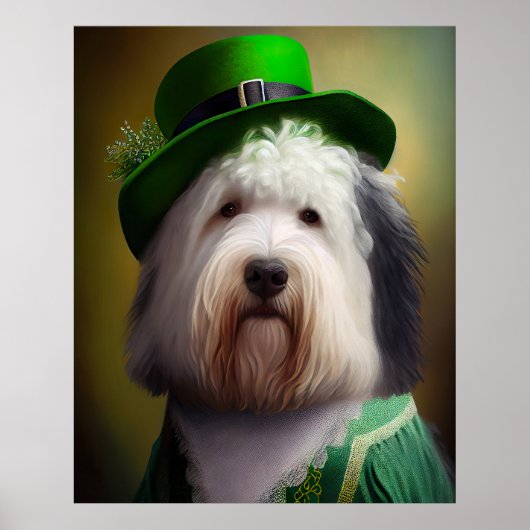 Oude Engelse Sheepdog in St. Patrick's Day Dress Poster (Voorkant)