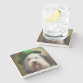 Oude Engelse Sheepdog in St. Patrick's Day Dress Stenen Onderzetter (Zijkant)