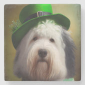 Oude Engelse Sheepdog in St. Patrick's Day Dress Stenen Onderzetter (Voorkant)