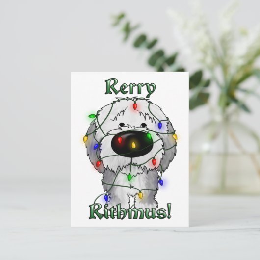 Oude Engelse Sheepdog - kerstlampjes Feestdagenkaart (Staand voorkant)