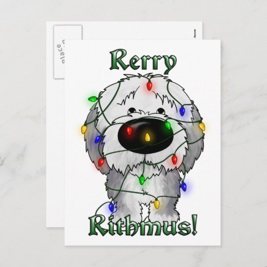 Oude Engelse Sheepdog - kerstlampjes Feestdagenkaart (Voorkant / Achterkant)