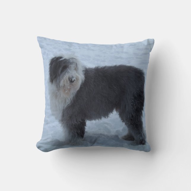 Oude Engelse Sheepdog Pillow - Sneeuwhond! Kussen (Voorkant)