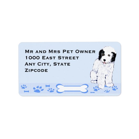 Oude Engelse Sheepdog Puppy op Blue Gingham Etiket (Voorkant)