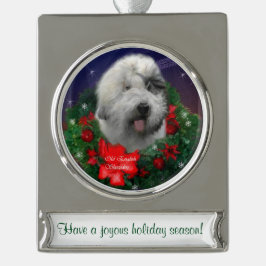 Oude Engelstalige Sheepdog Persoonlijke Kerstmis Verzilverd Banner Ornament