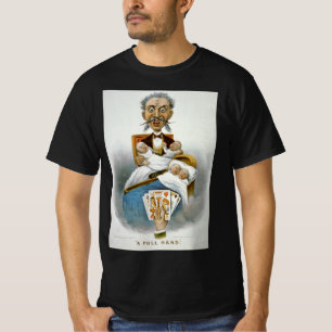 Oude familie, vader met baby's en pokerhand t-shirt