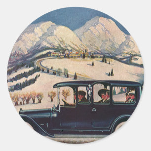Oude familievakantie in antieke auto ronde sticker