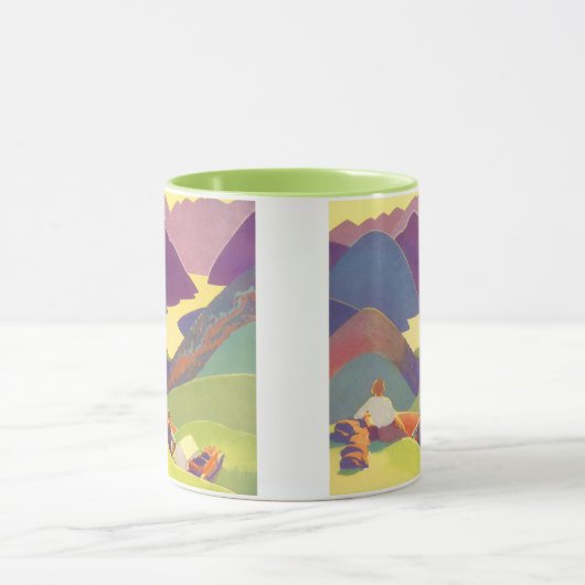 Oude familievakantie, picknick in de bergen mok (Midden)