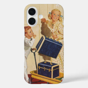 Oude familievakantie, vader, kinderen en koffers iPhone 16 hoesje