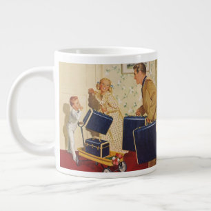 Oude familievakantie, vader, kinderen en koffers grote koffiekop