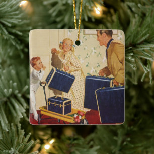 Oude familievakantie, vader, kinderen en koffers keramisch ornament