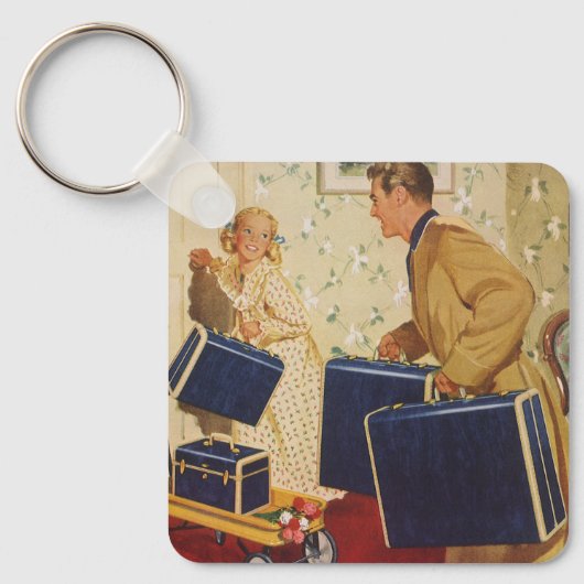 Oude familievakantie, vader, kinderen en koffers sleutelhanger (Voorkant)