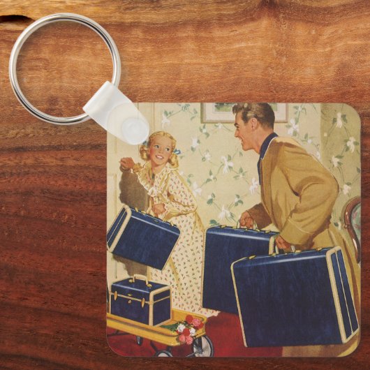Oude familievakantie, vader, kinderen en koffers sleutelhanger (Voorkant)