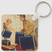 Oude familievakantie, vader, kinderen en koffers sleutelhanger (Achterkant)