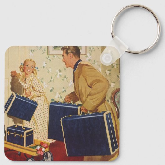 Oude familievakantie, vader, kinderen en koffers sleutelhanger (Achterkant)