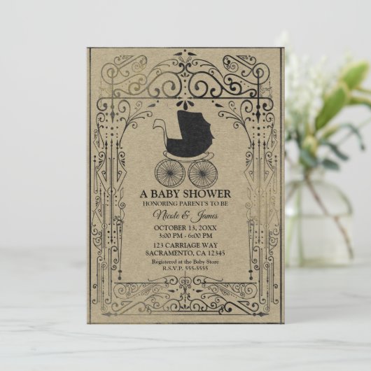 Oude Fashion  Carriage Deco Baby shower Kaart (Staand voorkant)