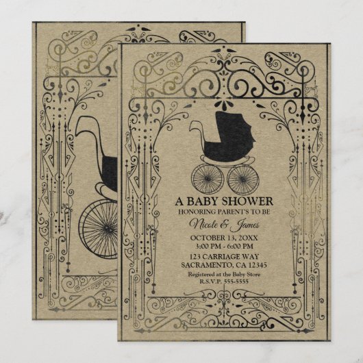 Oude Fashion  Carriage Deco Baby shower Kaart (Voorkant / Achterkant)