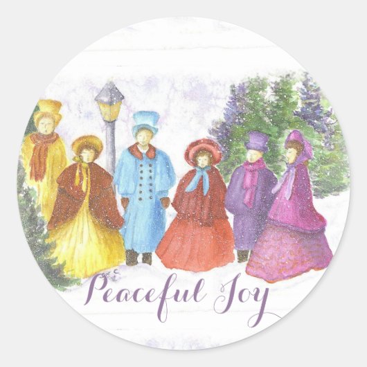 OUDE FASHIONED CHRISTMAS CAROLERS PEACEFUL JOY RONDE STICKER (Voorkant)