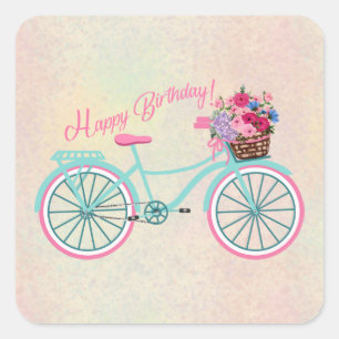 Oude Fashioned fiets met Flowers Happy Birthday Vierkante Sticker