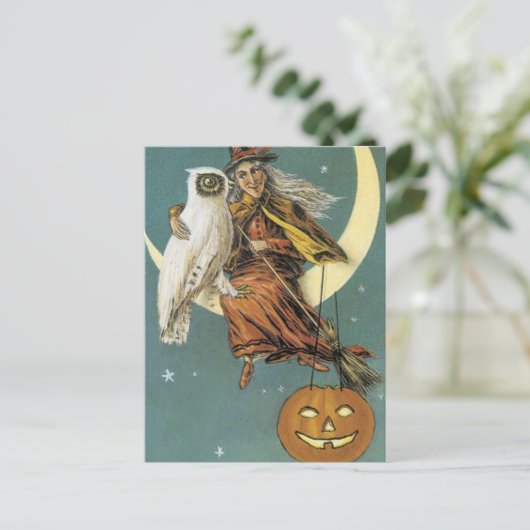 Oude Fashioned Halloween Witch & The Moon Briefkaart (Staand voorkant)