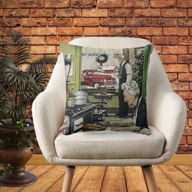 Oude Fashioned  Home Kitchen Kerstmis Kussen (Vintage holiday turkey dinner in Grandma kitchen scene on decorative Christmas pillow.)