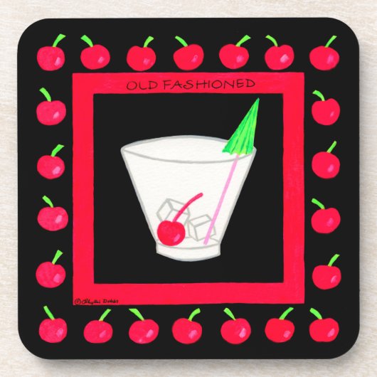 Oude Fashioned Retro Drink Red Cherries op Black Bier Onderzetter (Voorkant)