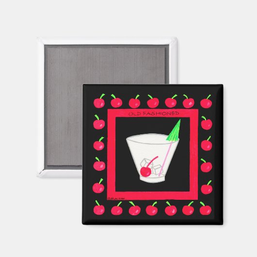 Oude Fashioned Retro Drink Red Cherries op Black Magneet (Voorkant / Achterkant)
