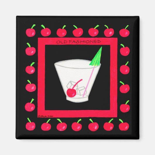 Oude Fashioned Retro Drink Red Cherries op Black Magneet (Voorkant)