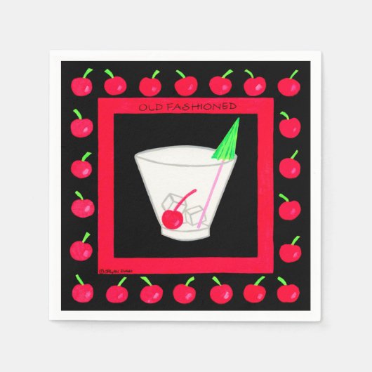 Oude Fashioned Retro Drink Red Cherries op Black Servetten (Voorkant)
