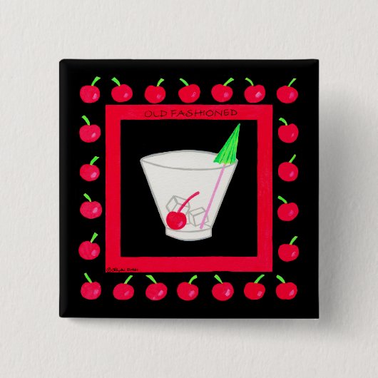 Oude Fashioned Retro Drink Red Cherries op Black Vierkante Button 5,1 Cm (Voorkant)