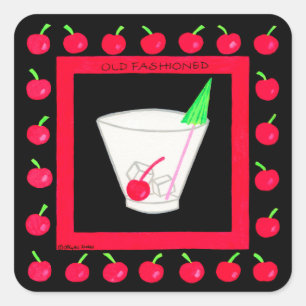 Oude Fashioned Retro Drink Red Cherries op Black Vierkante Sticker