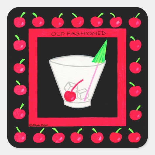 Oude Fashioned Retro Drink Red Cherries op Black Vierkante Sticker (Voorkant)