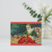 Oude Fashioned Santa in Green en Fur in Sleigh Briefkaart (Staand voorkant)