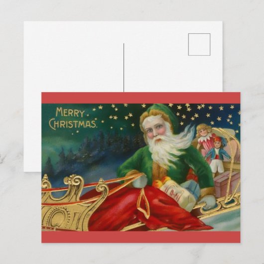 Oude Fashioned Santa in Green en Fur in Sleigh Briefkaart (Voorkant / Achterkant)