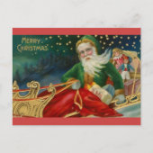 Oude Fashioned Santa in Green en Fur in Sleigh Briefkaart (Voorkant)