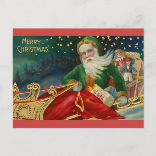 Oude Fashioned Santa in Green en Fur in Sleigh Briefkaart (Voorkant)