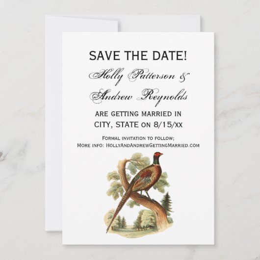 Oude fazant op tak met bomen tekening kleur save the date (Voorkant)