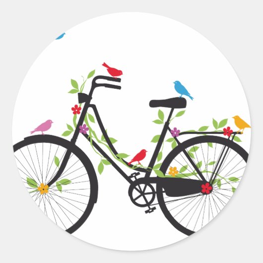 Oude  fiets met bloemen en vogels ronde sticker (Voorkant)