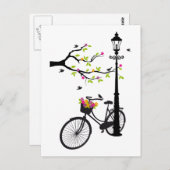 Oude fiets met lamp, bloemmandje, vogels, boom briefkaart (Voorkant / Achterkant)
