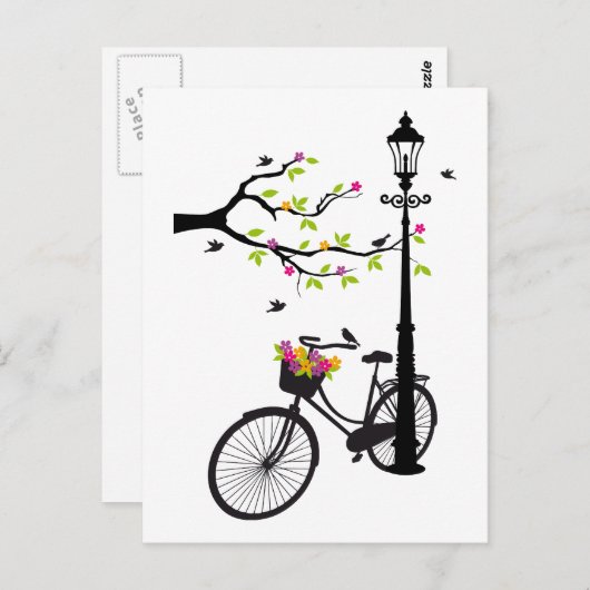 Oude fiets met lamp, bloemmandje, vogels, boom briefkaart (Voorkant / Achterkant)