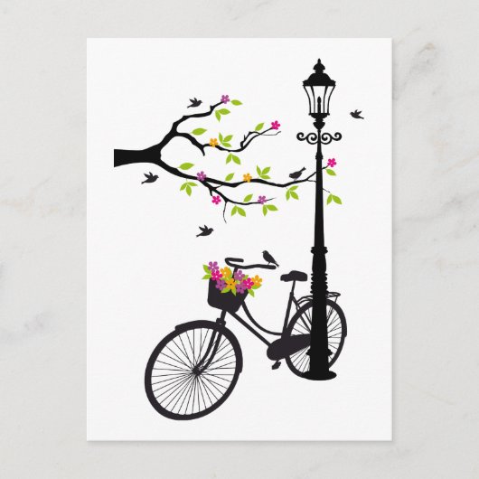 Oude fiets met lamp, bloemmandje, vogels, boom briefkaart (Voorkant)