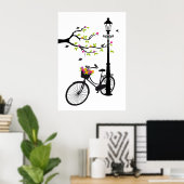 Oude fiets met lamp, bloemmandje, vogels, boom poster (Thuiskantoor)