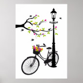 Oude fiets met lamp, bloemmandje, vogels, boom poster (Voorkant)