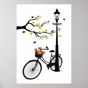 Oude fiets met lamp, bloemmandje, vogels, boom poster