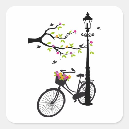 Oude fiets met lamp, bloemmandje, vogels, boom vierkante sticker (Voorkant)