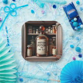 Oude fles in een medicijnkastje papieren bordje (Feest)