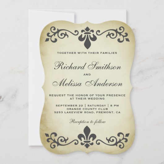 Oude Fleur De Lis Bloemige Trouw Uitnodiging (Voorkant)